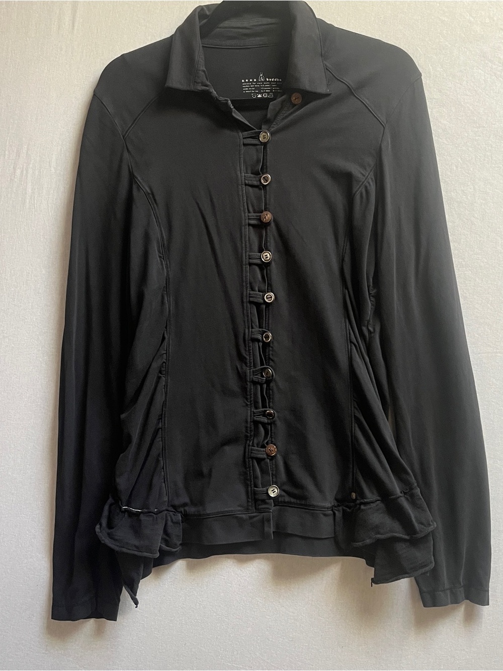 Neon Buddha Stretch Cotton Button Front Ruffle Hem Cardigan Jacket Sz M